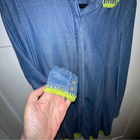 Joan Vass Blue Denim Dress/top with hand crocheted bright green trim large - Picture 4 of 7